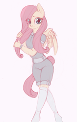 Size: 565x900 | Tagged: safe, artist:yasuokakitsune, fluttershy, anthro, pegasus, clothes, cute, female, jumpsuit, kneesocks, mare, shirt, shorts, shyabetes, simple background, sketch, socks, solo, traditional art