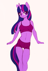 Size: 533x800 | Tagged: safe, artist:yasuokakitsune, twilight sparkle, anthro, belly button, boyshorts, bra, clothes, crop top bra, female, mare, panties, purple underwear, shorts, sketch, solo, traditional art, underwear