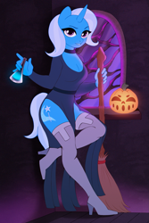 Size: 1067x1600 | Tagged: safe, artist:yasuokakitsune, trixie, anthro, plantigrade anthro, unicorn, boots, broom, choker, clothes, collar, commission, dress, female, flask, full body, halloween, halloween costume, high heel boots, holiday, jack-o-lantern, jewelry, looking at you, mare, poison, pumpkin, shoes, side slit, sketch, smiling, socks, solo, standing, standing on one leg, stockings, thigh boots, thigh highs, traditional art, vial, window, witch, ych result