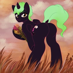 Size: 3500x3500 | Tagged: safe, artist:yasuokakitsune, oc, oc only, alicorn, flower, grass, grass field, green mane, looking at you, looking back, looking back at you, sky, smiling, solo, ych result