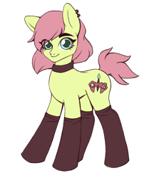 Size: 2737x3173 | Tagged: safe, artist:yasuokakitsune, oc, oc only, oc:gamybrush, earth pony, pony, 2019 community collab, bushy brows, choker, clothes, derpibooru community collaboration, piercing, simple background, smiling, solo, stockings, thigh highs, transparent background