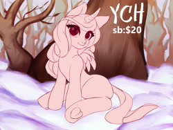 Size: 1200x900 | Tagged: safe, artist:yasuokakitsune, oc, alicorn, pony, advertisement, commission, cutie, forest, looking at you, scenery, sitting, snow, solo, tree, winter, ych example, your character here