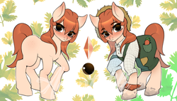 Size: 1000x567 | Tagged: safe, artist:yasuokakitsune, oc, pony, adoptable, advertisement, carrot, clothes, dirty, food, freckles, hat, overalls, patch, red hair, reference sheet, shirt, solo