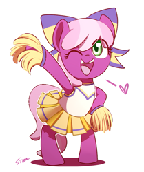 Size: 727x868 | Tagged: safe, artist:sion, cheerilee, earth pony, pony, the cart before the ponies, bipedal, bow, cheeribetes, cheerileeder, cheerleader, clothes, cute, hair bow, one eye closed, open mouth, pleated skirt, pom pom, skirt, solo, wink