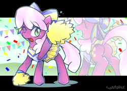 Size: 1200x857 | Tagged: safe, artist:tyuubatu, cheerilee, earth pony, pony, the cart before the ponies, bottomless, bow, cheerileeder, cheerleader, clothes, female, flowerbutt, hair bow, mare, one eye closed, open mouth, partial nudity, plot, solo
