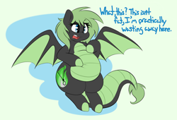 Size: 1280x872 | Tagged: safe, artist:graphenescloset, oc, oc only, oc:emilia 'emmy' emberseed, dracony, hybrid, adorafatty, belly, belly grab, big belly, blatant lies, chubby, cute, denial, fat, flying, hoof on belly, open mouth, plump, solo, telling lies