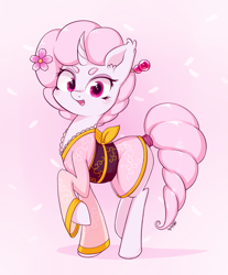 Size: 1536x1858 | Tagged: safe, artist:dsp2003, oc, oc only, oc:sakuragi-san, pony, unicorn, 2016, clothes, female, flower, flower in hair, flower petals, kimono (clothing), looking at you, open mouth