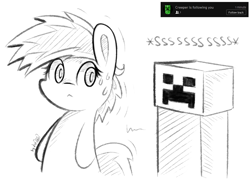 Size: 1024x768 | Tagged: safe, artist:dsp2003, oc, oc:meadow stargazer, 2016, black and white, chibi, creeper, crossover, female, grayscale, lifeloser-ish, minecraft, monochrome, sketch, style emulation, this will end in explosions, this will end in pain