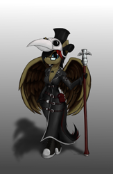 Size: 587x898 | Tagged: safe, artist:shamziwhite, oc, anthro, pegasus, belts, clothes, coat, converse, female, glasses, hat, mask, plague doctor, plague doctor mask, pouch, shoes, silver, simple background, solo, staff, wings, ych result