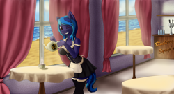 Size: 1980x1080 | Tagged: safe, artist:shamziwhite, oc, oc only, oc:blueberry syrup, anthro, earth pony, anthro oc, clothes, commission, cup, female, finished commission, food, maid, mare, one eye closed, shorthair, solo, tea, wink