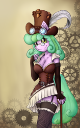 Size: 3240x5160 | Tagged: safe, artist:shamziwhite, oc, oc only, oc:taffy fizzlespark, anthro, absurd resolution, breasts, cane, cleavage, clothes, commission, curly hair, female, gears, glasses, gloves, hat, long gloves, long hair, ruffles, smiling, solo, standing, steampunk, stockings, thigh highs, ych result