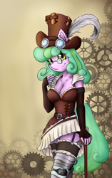 Size: 3240x5160 | Tagged: safe, alternate version, artist:shamziwhite, oc, oc only, oc:taffy fizzlespark, anthro, breasts, cane, cleavage, clothes, commission, curly hair, female, gears, glasses, gloves, hat, long gloves, long hair, mechanic, metal, prosthetic leg, ruffles, smiling, socks, solo, standing, steampunk, stockings, thigh highs, ych result