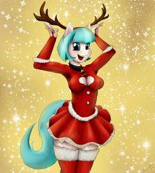 Size: 2900x3240 | Tagged: safe, artist:shamziwhite, coco pommel, anthro, earth pony, adorasexy, breasts, christmas, cleavage, clothes, cocobetes, costume, cute, female, glitter, happy, holiday, horns, looking at you, mare, miniskirt, santa costume, sexy, skirt, smiling, solo, standing, stockings, suit, thigh highs, zettai ryouiki