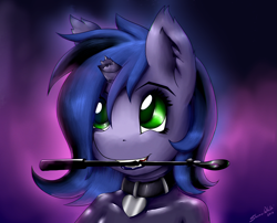 Size: 1335x1080 | Tagged: safe, artist:shamziwhite, oc, oc:kuro, anthro, bat pony, broken horn, bust, collar, female, horn, latex, latex suit, mouth hold, portrait, riding crop, smiling, solo