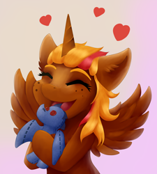 Size: 3240x3594 | Tagged: safe, artist:shamziwhite, oc, oc:dwits, oc:rymora, alicorn, pony, alicorn oc, female, happy, heart, horn, hug, plushie, smiling, solo, wings