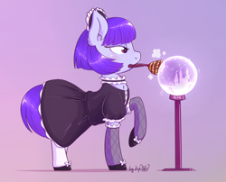 Size: 1616x1306 | Tagged: safe, artist:dsp2003, oc, oc only, oc:brim, 2016, acme, castle, clothes, cloud, crystal ball, female, maid, stars