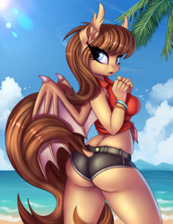 Size: 2360x3056 | Tagged: safe, artist:lightly-san, derpibooru import, oc, oc only, oc:lunette, anthro, bat pony, anthro oc, bat pony oc, beach, clothes, ear fluff, ear tufts, female, front knot midriff, looking at you, looking back, looking back at you, mare, midriff, shorts, solo