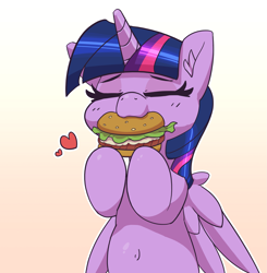 Size: 2561x2617 | Tagged: safe, artist:pabbley, derpibooru import, twilight sparkle, twilight sparkle (alicorn), alicorn, pony, belly button, burger, chubby, chubby cheeks, cute, ear fluff, eating, eyes closed, female, food, happy, heart, mare, meat, nom, ponies eating meat, smiling, solo, that pony sure does love burgers, true love, twiabetes, twilight burgkle