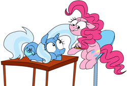 Size: 1211x825 | Tagged: safe, artist:hattsy, pinkie pie, trixie, pony, unicorn, angry, art block, chair, drawing, female, inconvenient trixie, mare, pencil, prone, simple background, sitting, stare, table