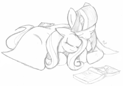 Size: 975x685 | Tagged: safe, artist:teabucket, fluttershy, twilight sparkle, pegasus, pony, blanket, book, duo, female, grayscale, mare, monochrome, simple background, sleeping, snuggling, traditional art, white background