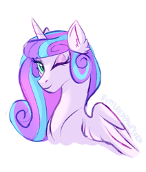 Size: 489x577 | Tagged: safe, artist:butteredpawpcorn, derpibooru import, princess flurry heart, alicorn, pony, bust, female, mare, older, older flurry heart, one eye closed, simple background, solo, white background, wink