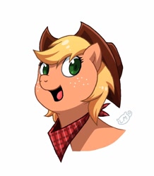 Size: 894x1024 | Tagged: safe, artist:lilmeeseart, derpibooru import, applejack, earth pony, pony, alternate hairstyle, bandana, bust, cowboy hat, cute, female, hat, jackabetes, mare, open mouth, short mane, simple background, solo, white background