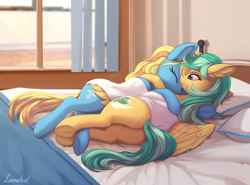 Size: 3848x2852 | Tagged: safe, artist:lunebat, derpibooru import, oc, oc only, oc:skydreams, oc:summer ray, pegasus, pony, unicorn, ass, bed, butt, commission, cute, cutie mark, daaaaaaaaaaaw, duo, ear fluff, eyelashes, eyes closed, female, hug, lying down, mare, pillow, plot, snuggling, sunbathing, sweet dreams fuel, towel, window