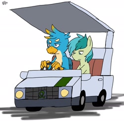 Size: 2048x2010 | Tagged: safe, alternate version, artist:omegapony16, derpibooru import, gallus, sandbar, earth pony, griffon, pony, colored, driving, duo, frown, golf cart, japanese, male, simple background, sitting, stallion, unamused, white background