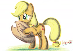 Size: 2017x1407 | Tagged: safe, artist:patoriotto, applejack, earth pony, pony, hoof hold, pixiv, solo, traditional art