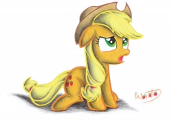 Size: 2327x1629 | Tagged: safe, artist:patoriotto, applejack, earth pony, pony, applejack's hat, blonde, blonde mane, blonde tail, cutie mark, female, green eyes, looking up, mare, open mouth, orange coat, shadow, signature, simple background, solo, traditional art, white background