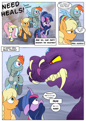Size: 1447x2047 | Tagged: safe, artist:teabucket, artist:variant, applejack, fluttershy, rainbow dash, twilight sparkle, earth pony, pony, ursa major, comic:need heals, barbarian, breaking the fourth wall, cleric, comic, dungeons and dragons, fantasy class, ogres and oubliettes, race swap, rogue, unicorn fluttershy, wizard