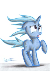 Size: 1222x1749 | Tagged: safe, artist:patoriotto, trixie, pony, unicorn, blue coat, female, horn, mare, traditional art, windswept mane