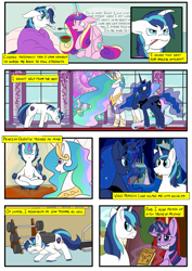 Size: 955x1350 | Tagged: safe, artist:teabucket, princess cadance, princess celestia, princess luna, shining armor, twilight sparkle, alicorn, pony, unicorn, comic:satisfaction guaranteed, apologetic, apology, blushing, book, comic, crying, exercise, female, floppy horn, food, golden oaks library, lotus position, male, mare, meditating, potion, princess cadance is always horny, sad, scrunchy face, sick, smiling, soup, stallion, thermometer, training montage