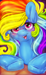 Size: 2179x3539 | Tagged: safe, artist:dimwitdog, derpibooru import, edit, rainbow dash, pegasus, pony, alternate hairstyle, blushing, female, mare, multicolored hair, open mouth