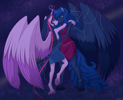 Size: 2612x2124 | Tagged: safe, artist:j3r1k0, derpibooru exclusive, derpibooru import, princess luna, twilight sparkle, twilight sparkle (alicorn), alicorn, anthro, unguligrade anthro, armpits, clothes, cloven hooves, colored wings, cutie mark, dancing, dress, ethereal mane, eye contact, female, glowing horn, heart, horn, jewelry, large wings, lesbian, long hair, long mane, long tail, looking at each other, magic, magic aura, mare, multicolored wings, raised leg, shipping, side slit, space, starry mane, twiluna, underhoof, unshorn fetlocks, wings