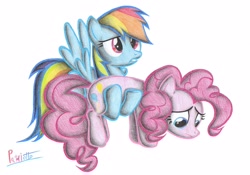 Size: 2327x1632 | Tagged: safe, artist:patoriotto, pinkie pie, rainbow dash, earth pony, pegasus, pony, sad, traditional art