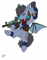 Size: 1615x2048 | Tagged: safe, artist:omegapony16, derpibooru import, oc, oc only, oc:oriponi, bat pony, pony, bat pony oc, clothes, ear piercing, earring, flying, frog (hoof), gun, hoof hold, jewelry, leg band, male, piercing, signature, solo, stallion, underhoof, weapon