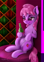 Size: 3250x4500 | Tagged: safe, artist:darksly, derpibooru import, berry punch, berryshine, earth pony, pony, blushing, bottle, drunk, female, mare, sitting, solo, table, tongue out