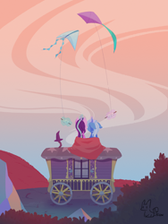 Size: 2474x3298 | Tagged: safe, artist:inkstones, derpibooru import, starlight glimmer, trixie, pony, unicorn, blanket, female, glowing horn, horn, kite, kite flying, lesbian, mare, rear view, shipping, sitting, sky, startrix, trixie's wagon, wagon