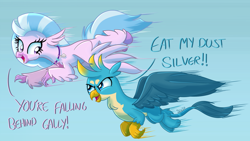 Size: 1920x1080 | Tagged: safe, artist:sintakhra, gallus, silverstream, classical hippogriff, griffon, hippogriff, tumblr:studentsix, chest fluff, cute, diastreamies, duo, female, flying, gallabetes, male, racing, simple background, stair keychain, wings