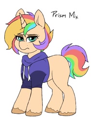 Size: 768x1024 | Tagged: safe, artist:littlebibbo, derpibooru import, oc, oc only, oc:prism mix, pony, unicorn, clothes, female, freckles, hoodie, lidded eyes, looking at you, mare, simple background, solo, unshorn fetlocks, white background