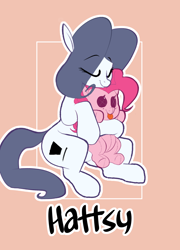 Size: 1700x2360 | Tagged: safe, artist:hattsy, pinkie pie, oc, oc:hattsy, earth pony, pony, :p, badge, eyes closed, hug, name, plushie, sitting, smiling, solo, tongue out