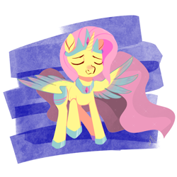 Size: 1560x1561 | Tagged: safe, artist:kerpupu, derpibooru import, fluttershy, alicorn, alicornified, colored wings, colored wingtips, crown, eyes closed, female, fluttercorn, jewelry, mare, peytral, princess shoes, race swap, regalia, signature, simple background, solo