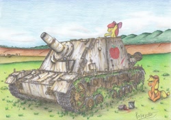 Size: 2332x1639 | Tagged: safe, artist:patoriotto, apple bloom, applejack, earth pony, pony, assault gun, brummbar, sturmpanzer iv, traditional art