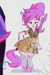 Size: 514x765 | Tagged: safe, artist:hattsy, oc, oc:marshmallow, earth pony, pony, bedroom eyes, bipedal, clothes, coat, female, hips, hoof on hip, looking at you, mare, socks, solo