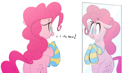 Size: 1810x1032 | Tagged: safe, artist:hattsy, pinkie pie, earth pony, pony, bipedal, clothes, cute, dialogue, diapinkes, female, mare, mirror, no pupils, open mouth, smiling, socks, solo, striped socks