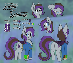 Size: 1299x1121 | Tagged: safe, artist:teabucket, oc, oc:lupine, bat pony, pony, fallout equestria, bat pony oc, bat wings, clothes, commission, crying, cutie mark, fangs, female, floppy ears, happy, hooves, mare, open mouth, pipbuck, plot, reference sheet, sad, solo, vault suit, wings