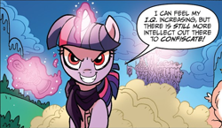Size: 582x338 | Tagged: safe, derpibooru import, idw, twilight sparkle, twilight sparkle (alicorn), alicorn, ponies of dark water, spoiler:comic44, comic, evil grin, glowing horn, grin, horn, smiling, speech bubble, tyrant sparkle
