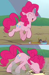 Size: 1542x2364 | Tagged: safe, artist:hattsy, pinkie pie, earth pony, pony, series:pony re-watch, griffon the brush off, comic, dock, eyes closed, faceplant, female, glasses, mare, open mouth, scene interpretation, smiling, solo, trotting