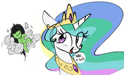 Size: 2857x1738 | Tagged: safe, artist:hattsy, princess celestia, oc, oc:anon filly, alicorn, earth pony, pony, /mlp/, age regression, crown, dialogue, female, filly, jewelry, mare, regalia, simple background, tiara, transformation, transgender transformation, vulgar, white background